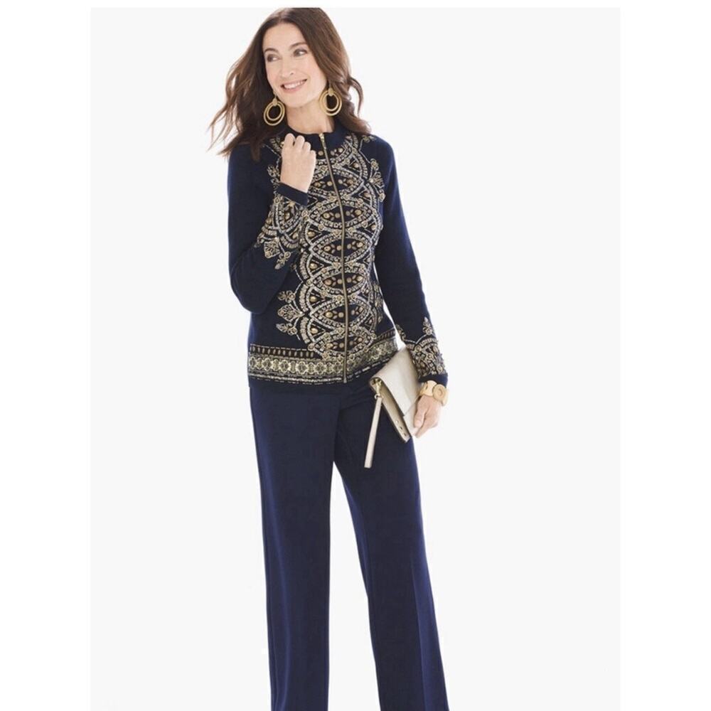 Chico’s Demitria Cardigan Navy Gold Beaded Embroidered Zip Jacket Sz 1 - Picture 14 of 14